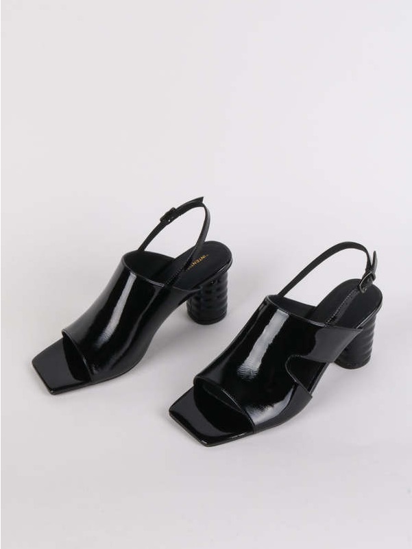 Intentionally Blank Black Patent Slingback Block Heel Sandals